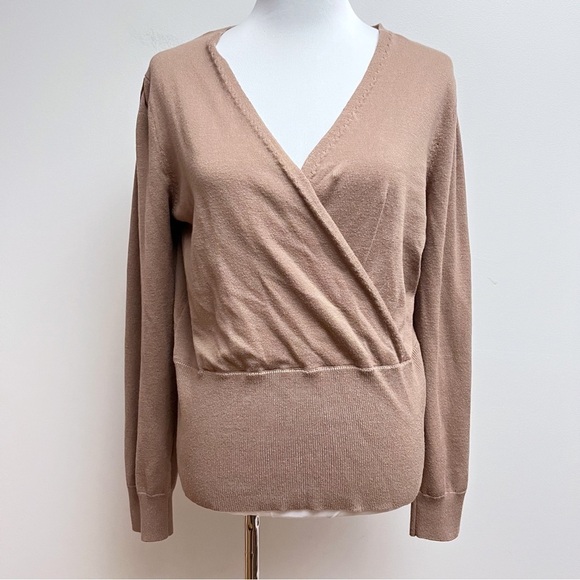 Massini Brown Surplice Plunge Wrap Long Sleeve Knit Sweater Large - Picture 1 of 8